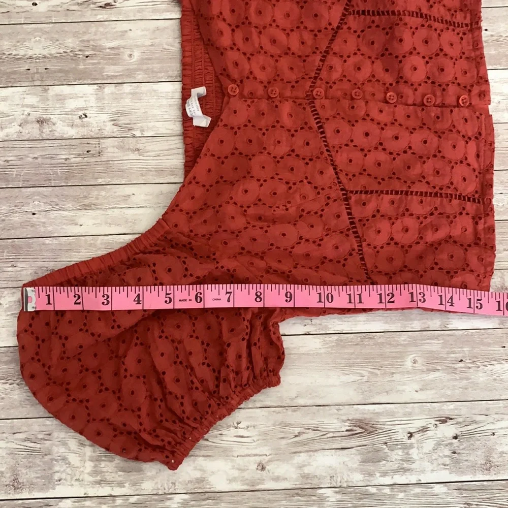 Lucky Brand Red Eyelet Button Front Peasant Puff Sleeve Shirt Tandori Spice - Picture 11 of 12